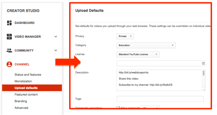 Default Channel Settings YouTube Description Box